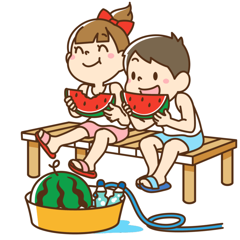 縁側で冷やしたスイカを食べる男女の子供たち